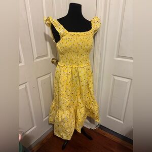 X LARGE KATE SPADE ♠️ YELLOW FLOWERED SMOCKED LINED MIDI DRESS like new